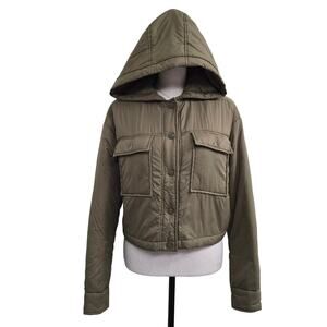 ZARA Women’s Cropped Hooded Jacket XS Khaki Green Utility Puffer Zip Button Coat